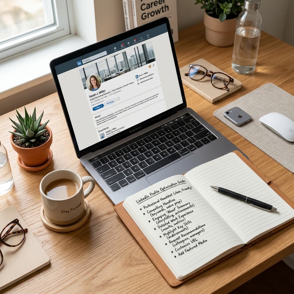 LinkedIn profili açık dizüstü bilgisayar ve not defteri olan masaüstü