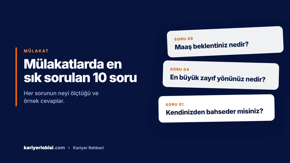 Mülakatlarda en sık sorulan sorulardan örnekler: kendinizden bahseder misiniz, zayıf yönünüz nedir, maaş beklentiniz nedir