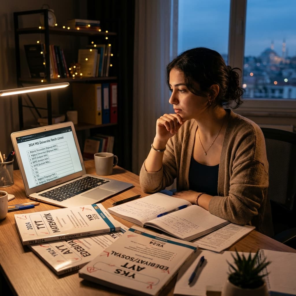 Masada YKS kitapçıkları ve laptop başında tercih araştırması yapan üniversite adayı