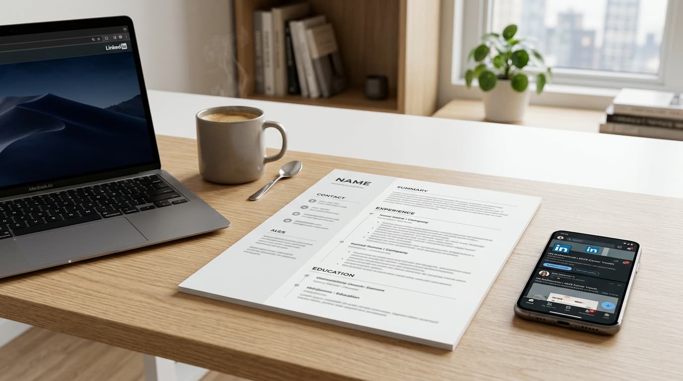 Profesyonel CV belgesi, dizüstü bilgisayar ve LinkedIn açık telefon içeren masa