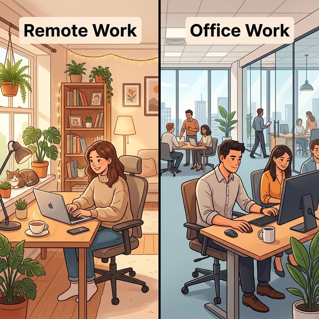 Evden çalışma ve ofis ortamını karşılaştıran kompozisyon