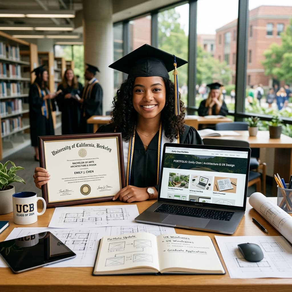 Üniversite diploması ve portföy sitesi açık laptop bir arada